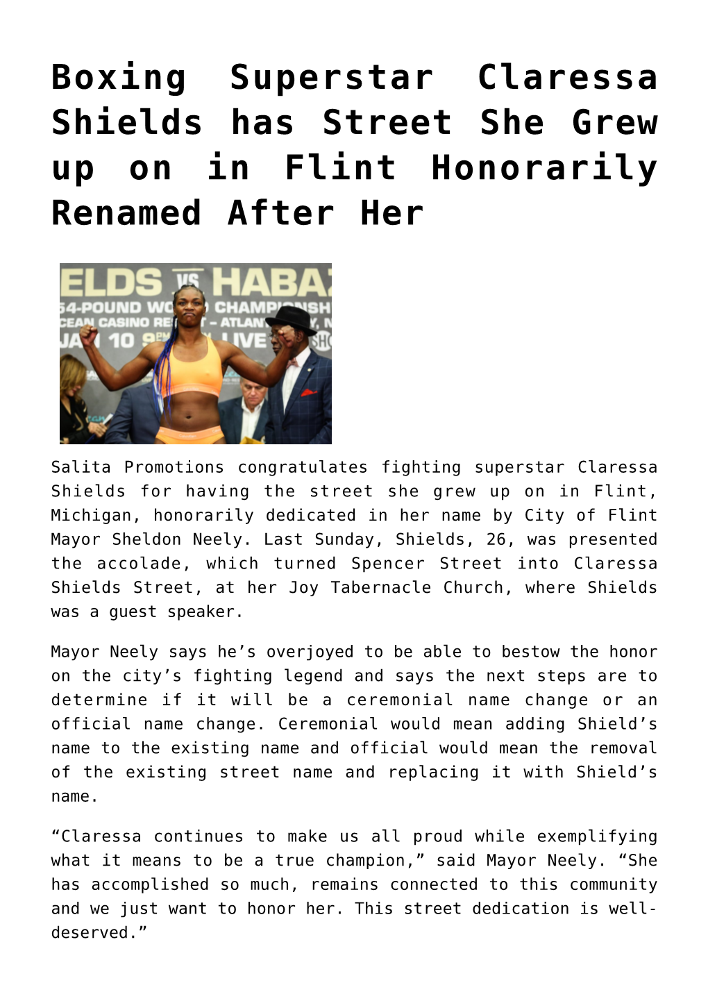 Boxing Superstar Claressa Shields Has Street She Grew up on in Flint Honorarily Renamed After Her