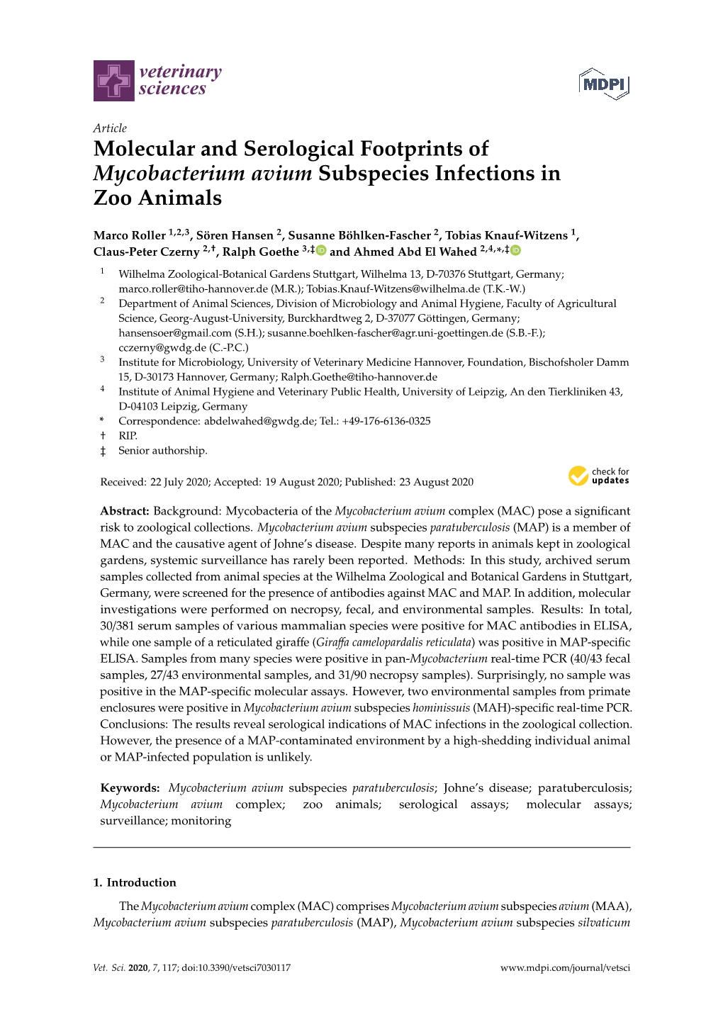 Molecular and Serological Footprints of Mycobacterium Avium Subspecies Infections in Zoo Animals