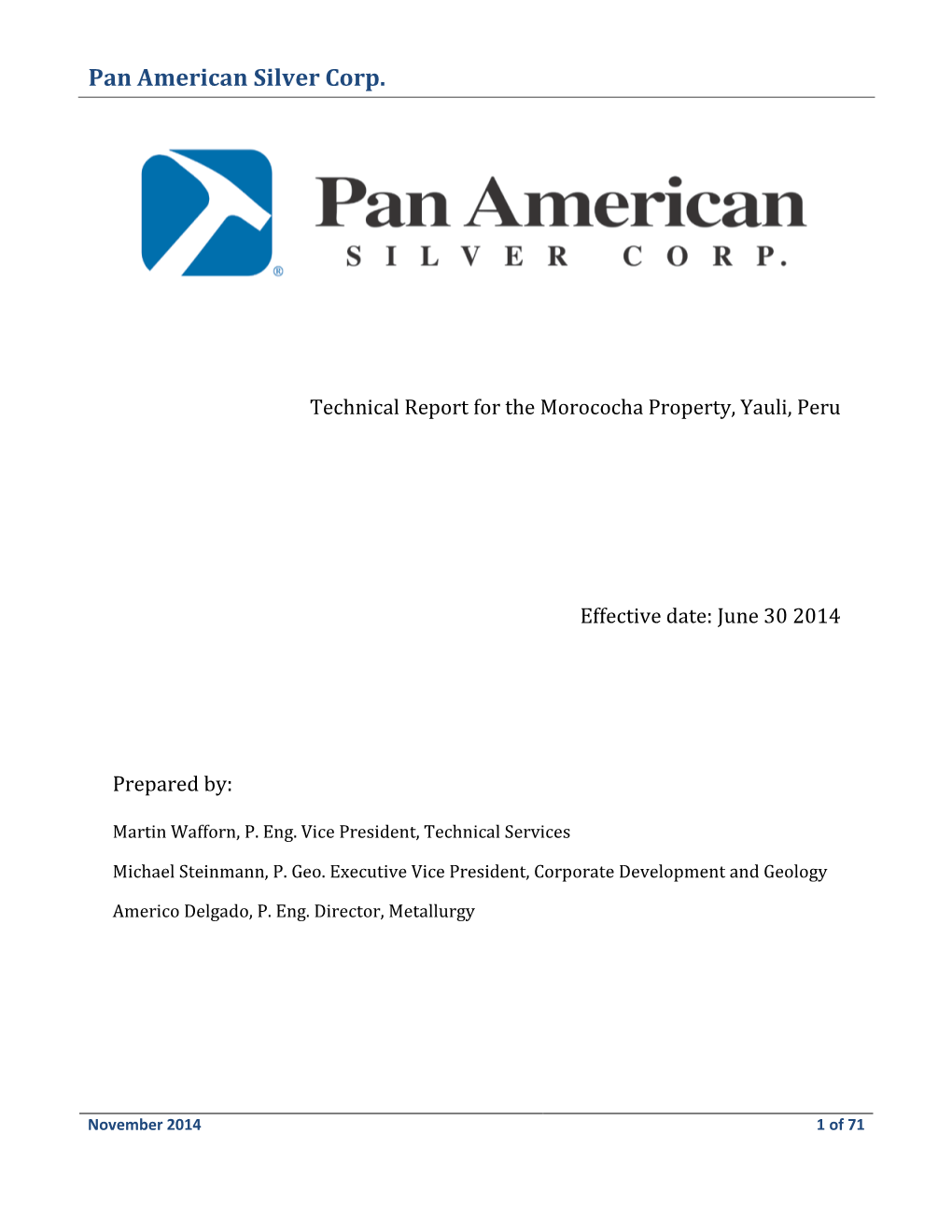 Technical Report for the Morococha Property, Yauli, Peru