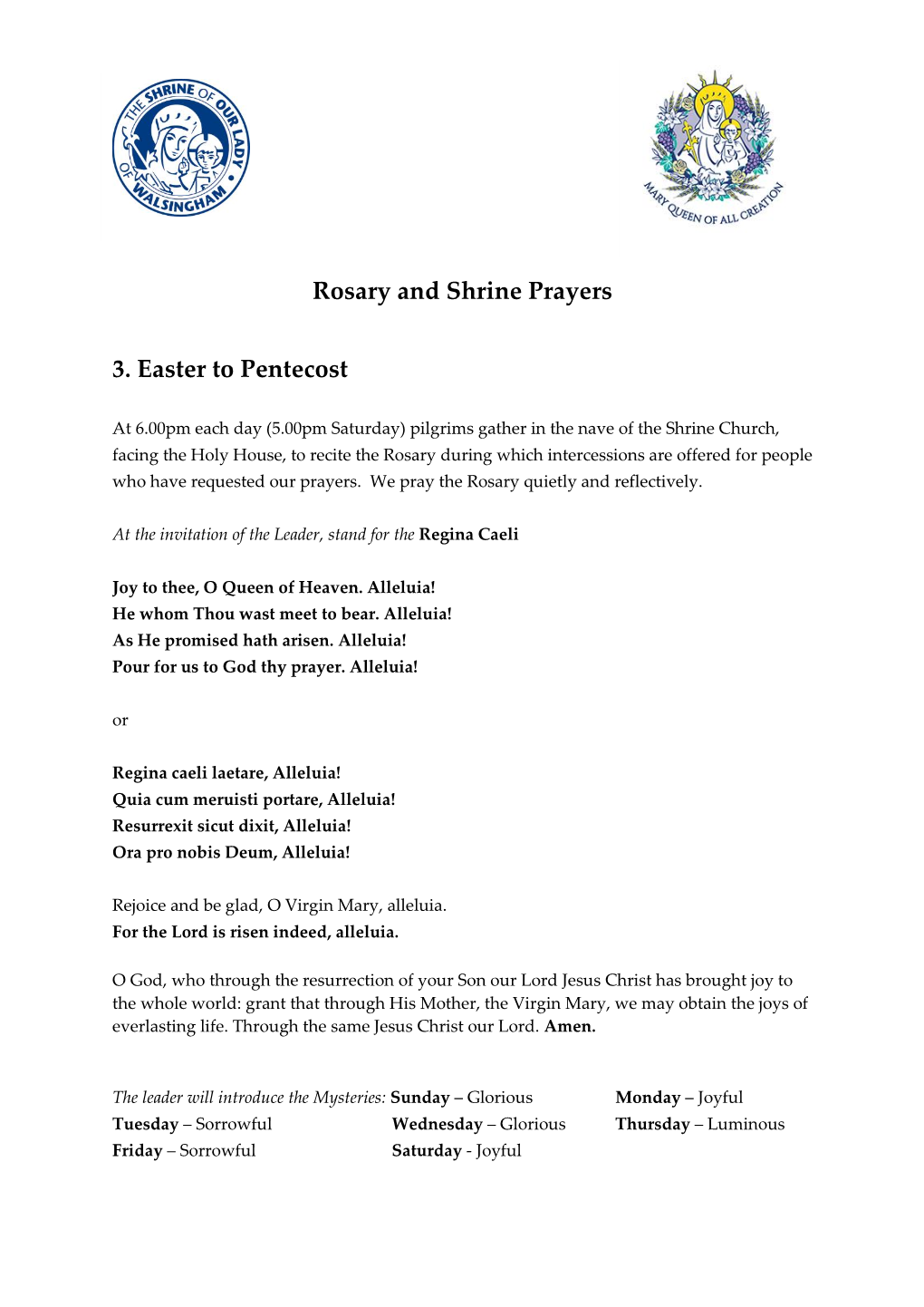 Rosary and Shrine Prayers 3. Easter to Pentecost