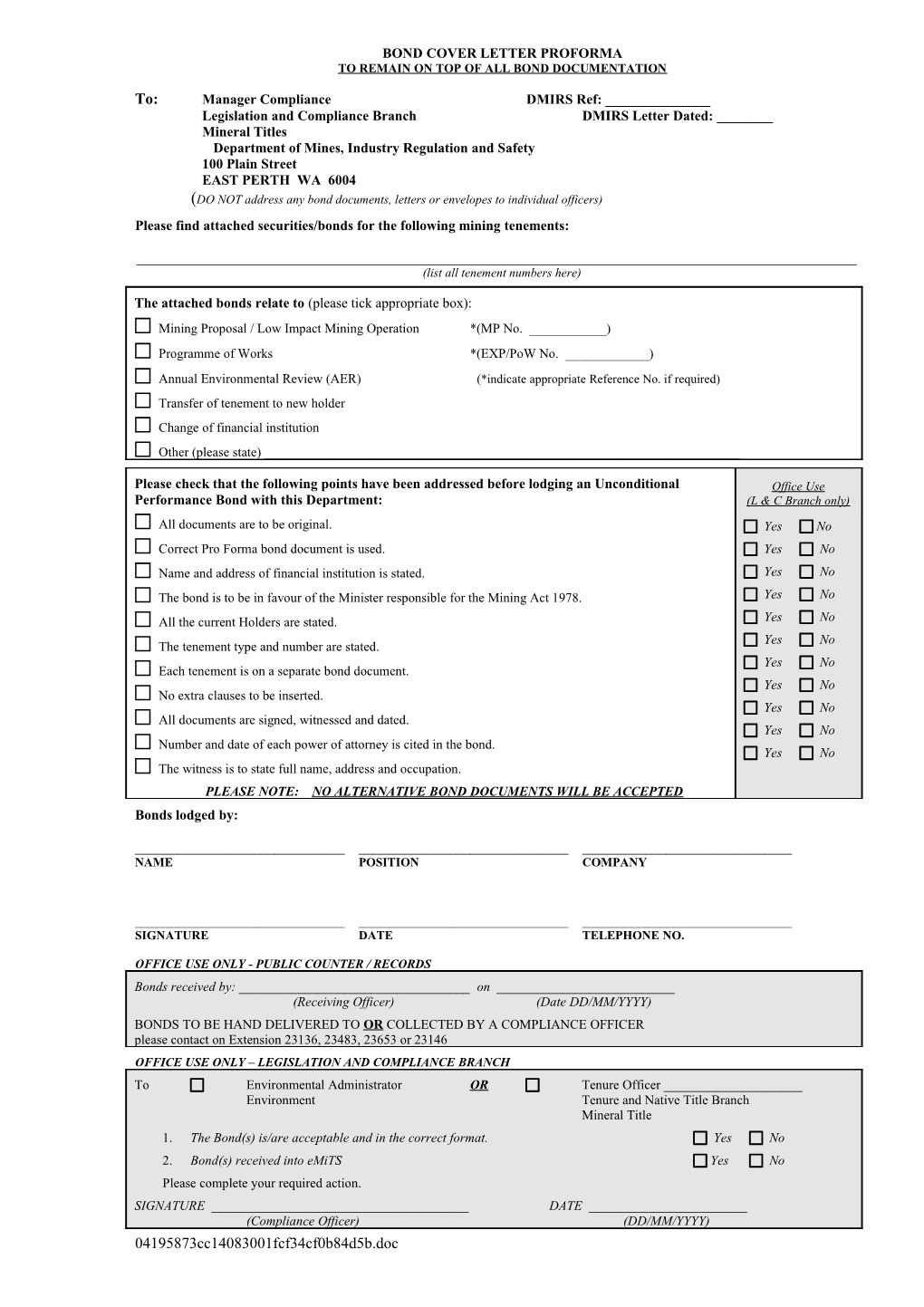 Pro Forma Bond Document G (For Customer Use Only) Amended to Include Financial Institution