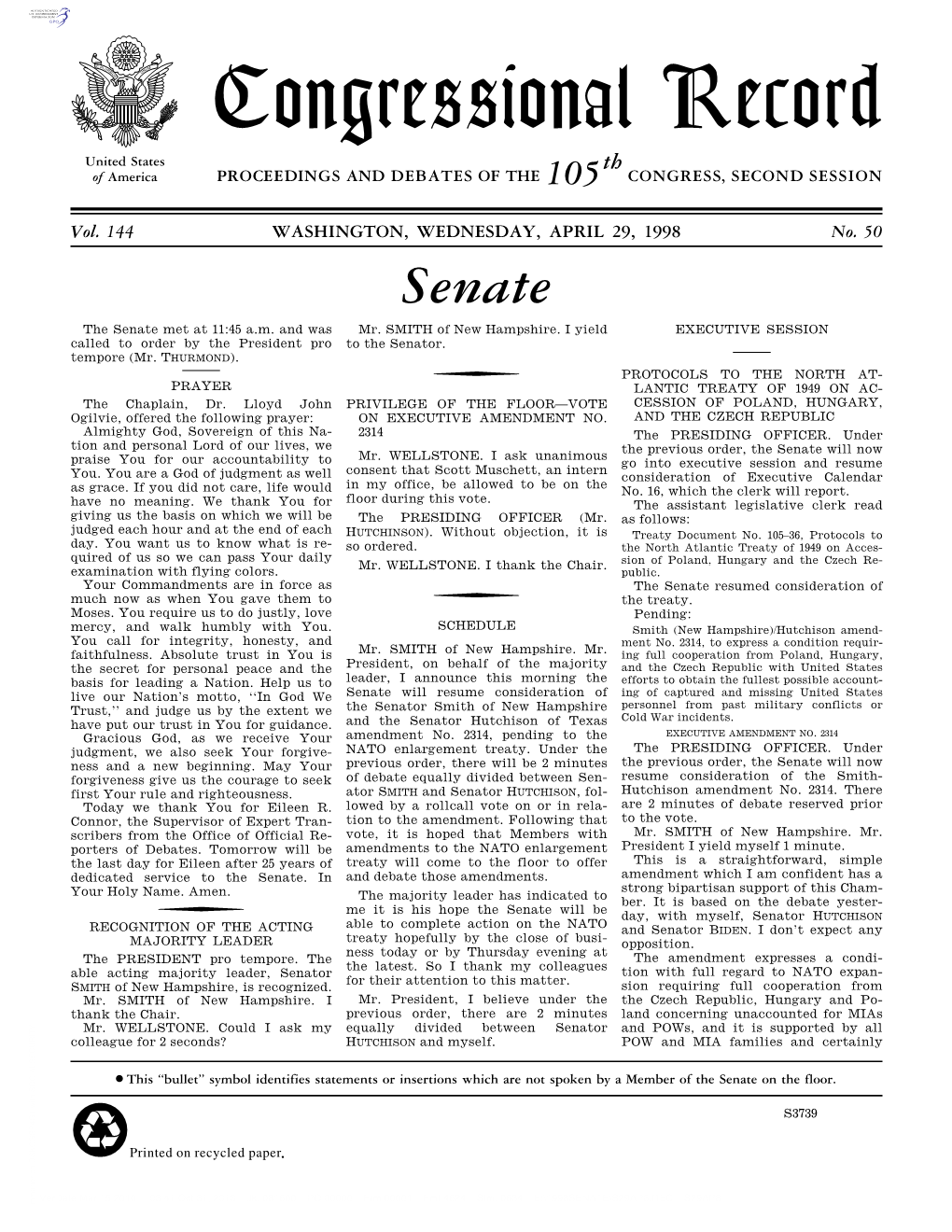 Congressional Record United States Th of America PROCEEDINGS and DEBATES of the 105 CONGRESS, SECOND SESSION