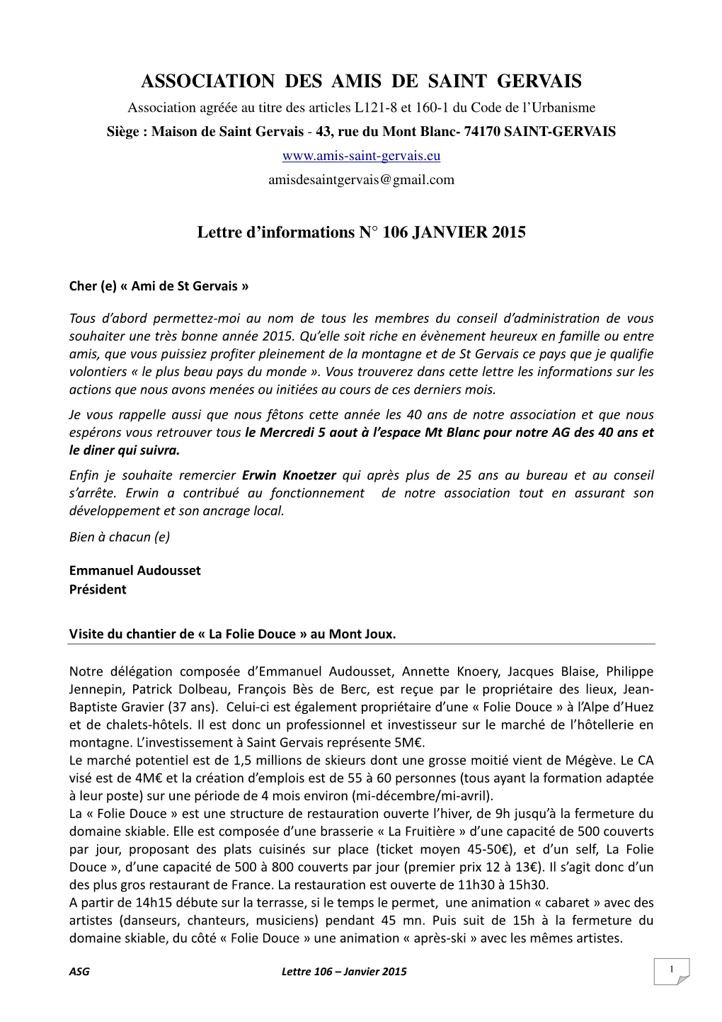 LETTRE 106 Janvier 2015