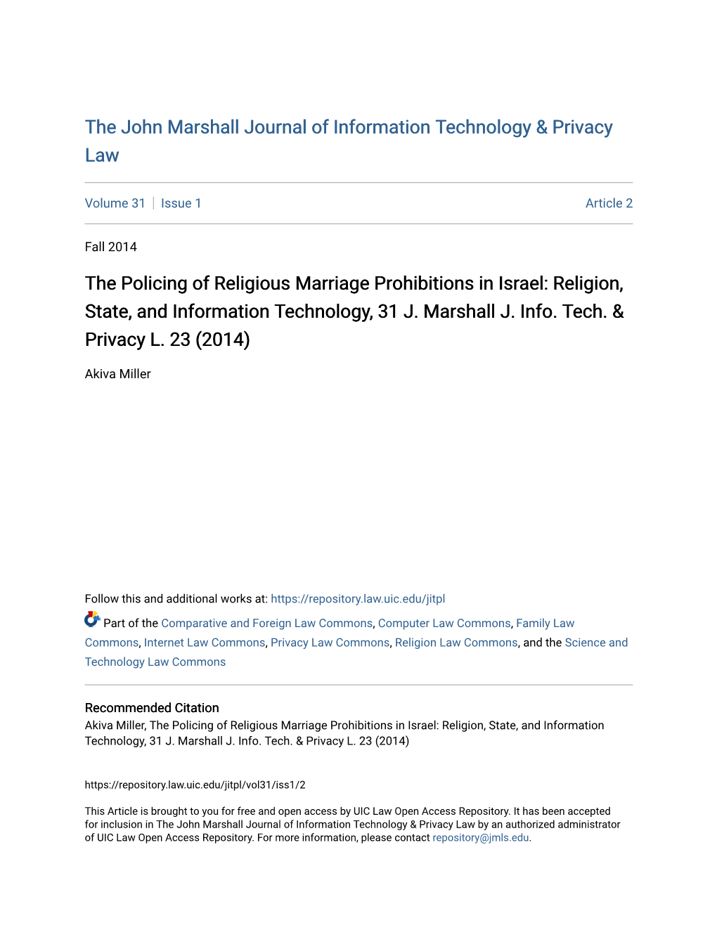 The Policing of Religious Marriage Prohibitions in Israel: Religion, State, and Information Technology, 31 J