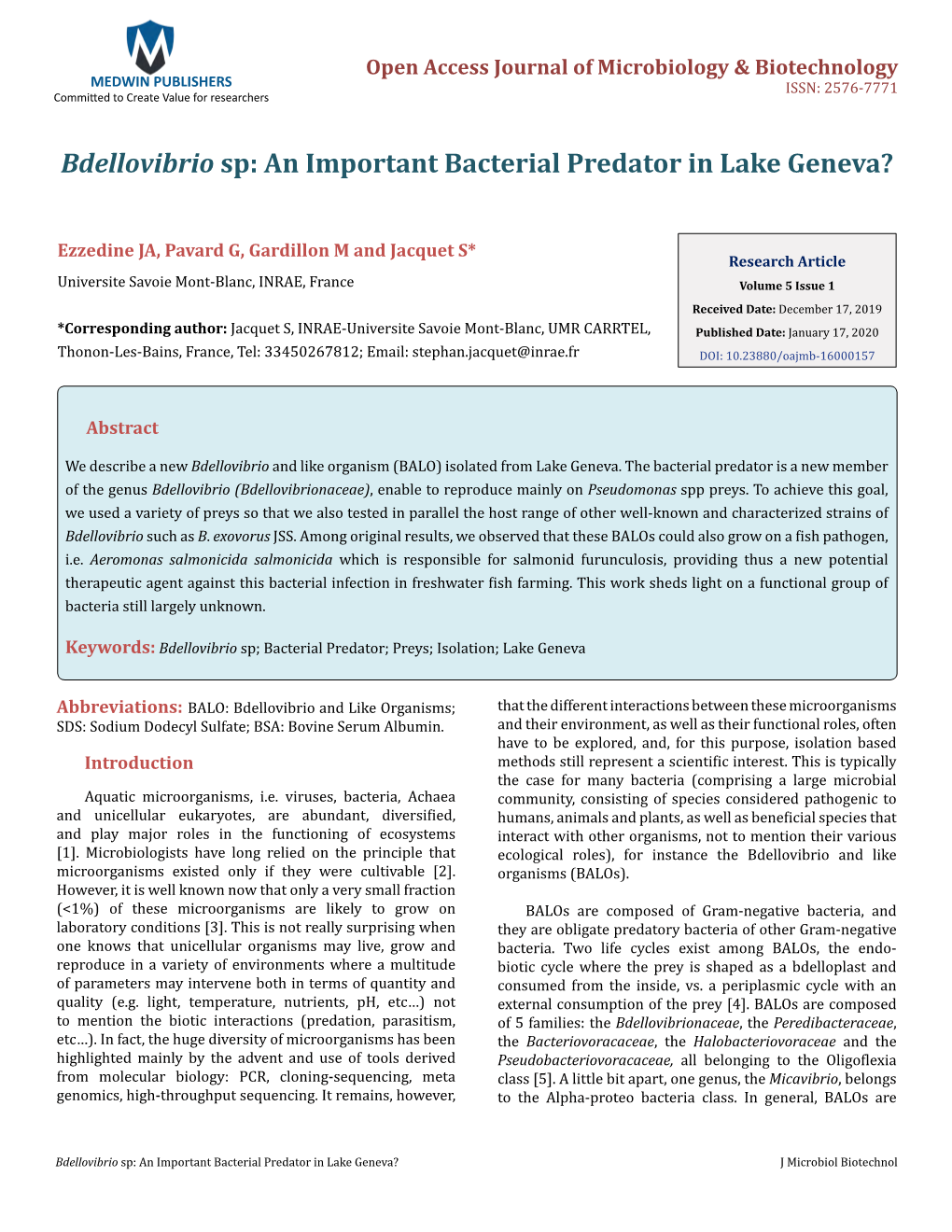 Jacquet S, Et Al. Bdellovibrio Sp: an Important Bacterial Predator in Lake Geneva?