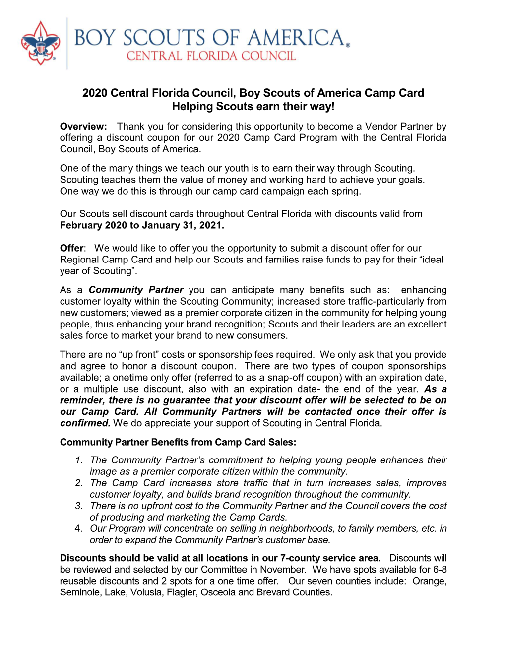 2020 Central Florida Council, Boy Scouts of America Camp Card Helping Scouts Earn Their Way!
