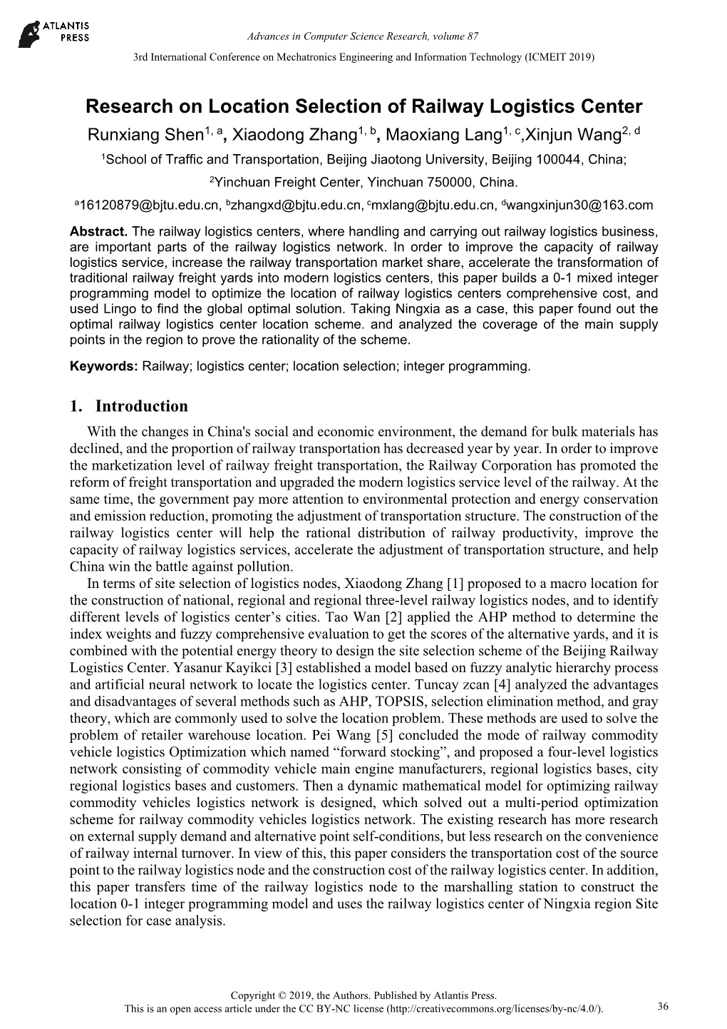 Research on Location Selection of Railway Logistics Center