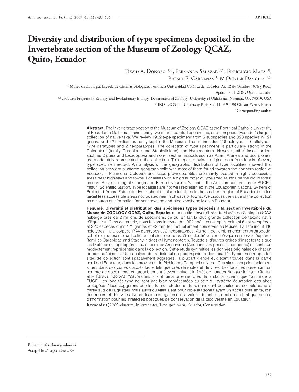 Diversity and Distribution of Type Specimens Deposited in the Invertebrate Section of the Museum of Zoology QCAZ, Quito, Ecuador David A