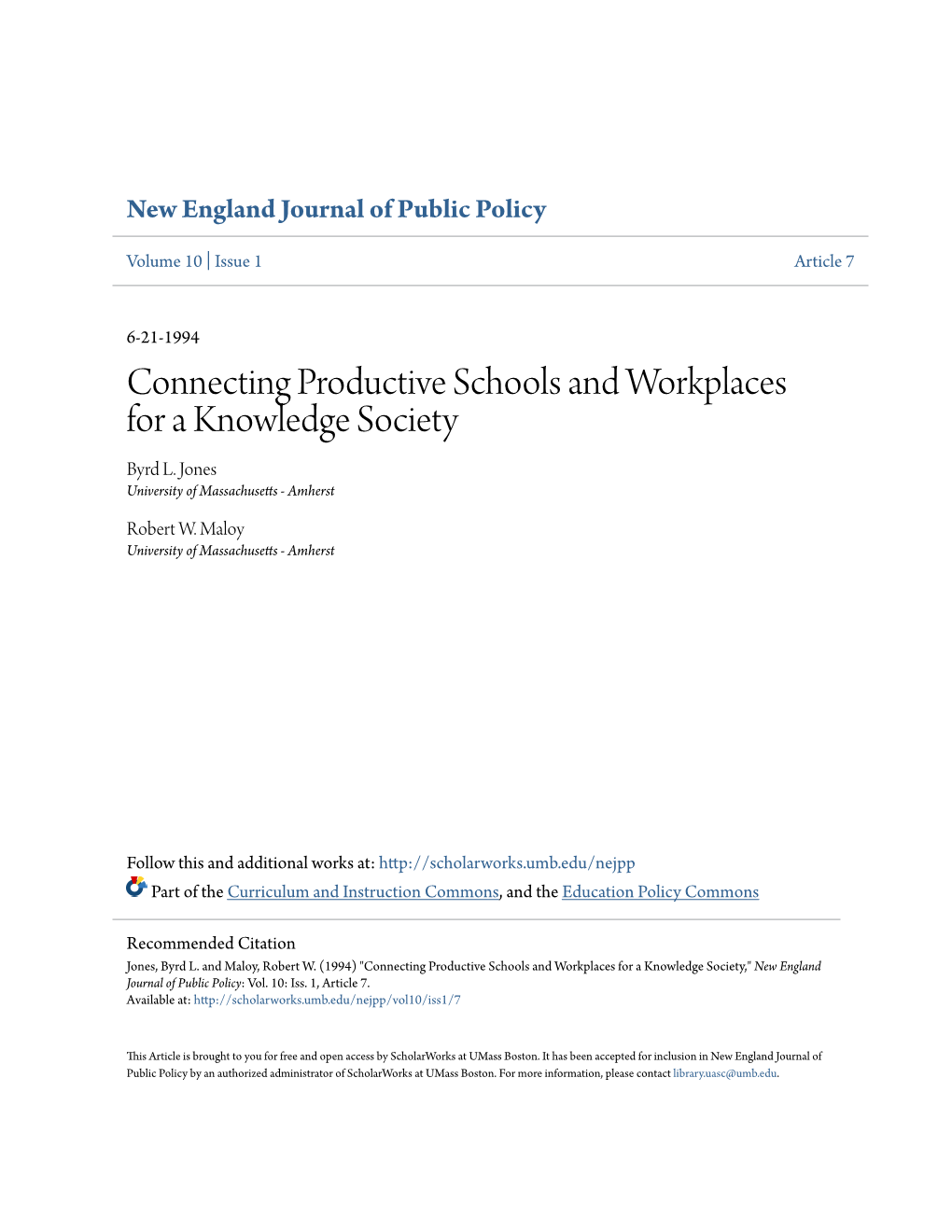 Connecting Productive Schools and Workplaces for a Knowledge Society Byrd L