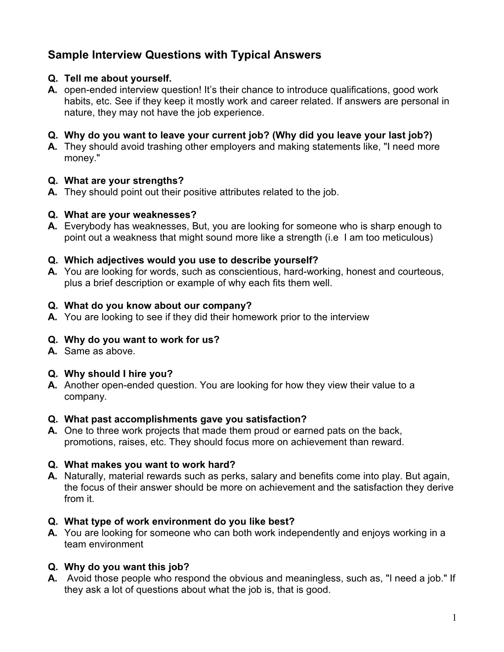 Sample Interview Questions With Typical Answers