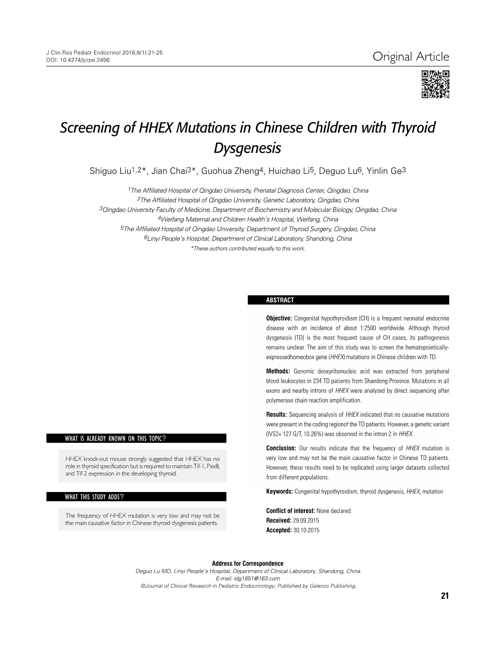 Screening of HHEX Mutations in Chinese Children with Thyroid Dysgenesis