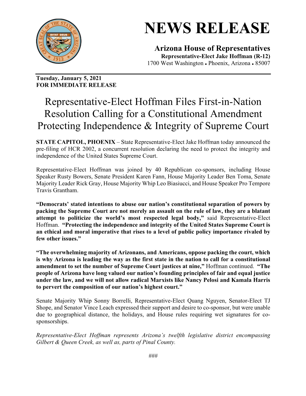 Representative-Elect Hoffman Files First-In-Nation Resolution Calling for a Constitutional Amendment Protecting Independence & Integrity of Supreme Court