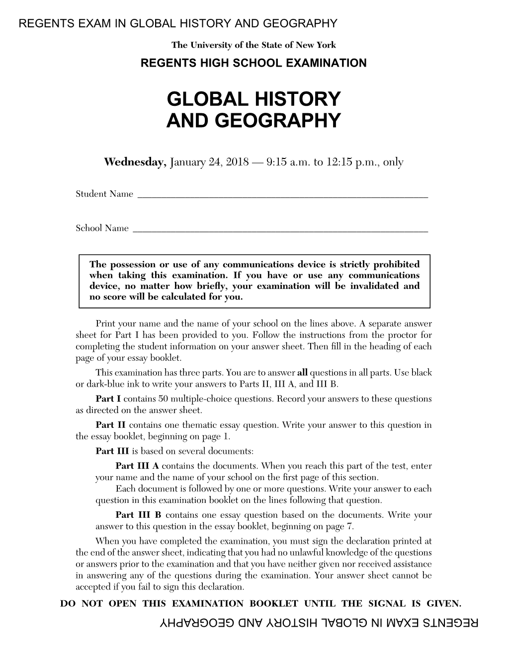 Global History and Geography Examination