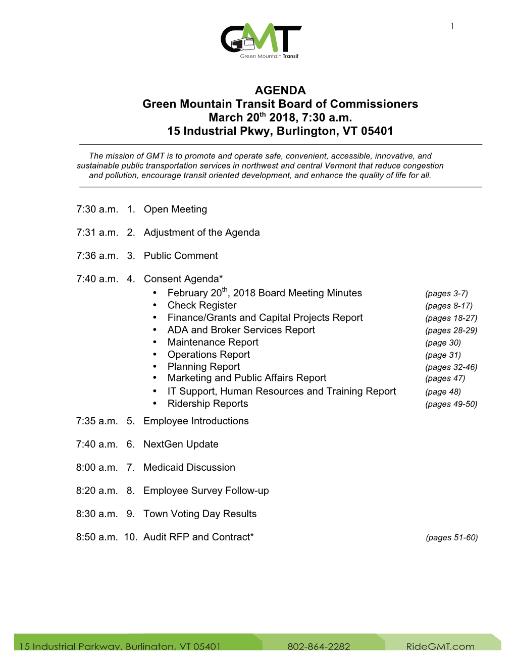 AGENDA Green Mountain Transit Board of Commissioners March 20Th 2018, 7:30 A.M