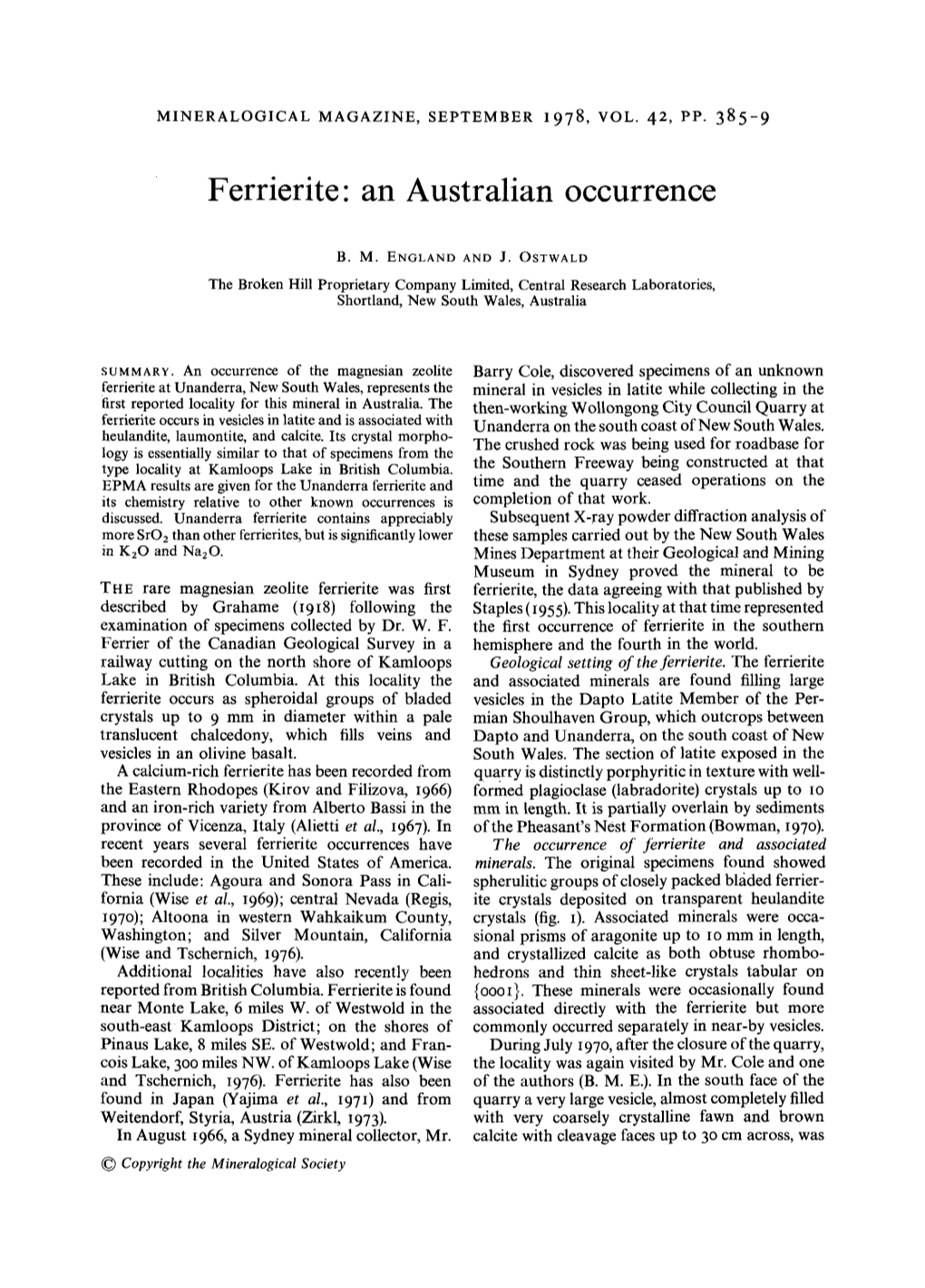 Ferrierite" an Australian Occurrence