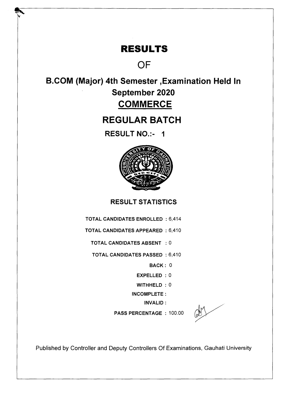 4Th Semester ,Examination Held in September 2020 COMMERCE REGULAR BATCH RESULT NO.:- I