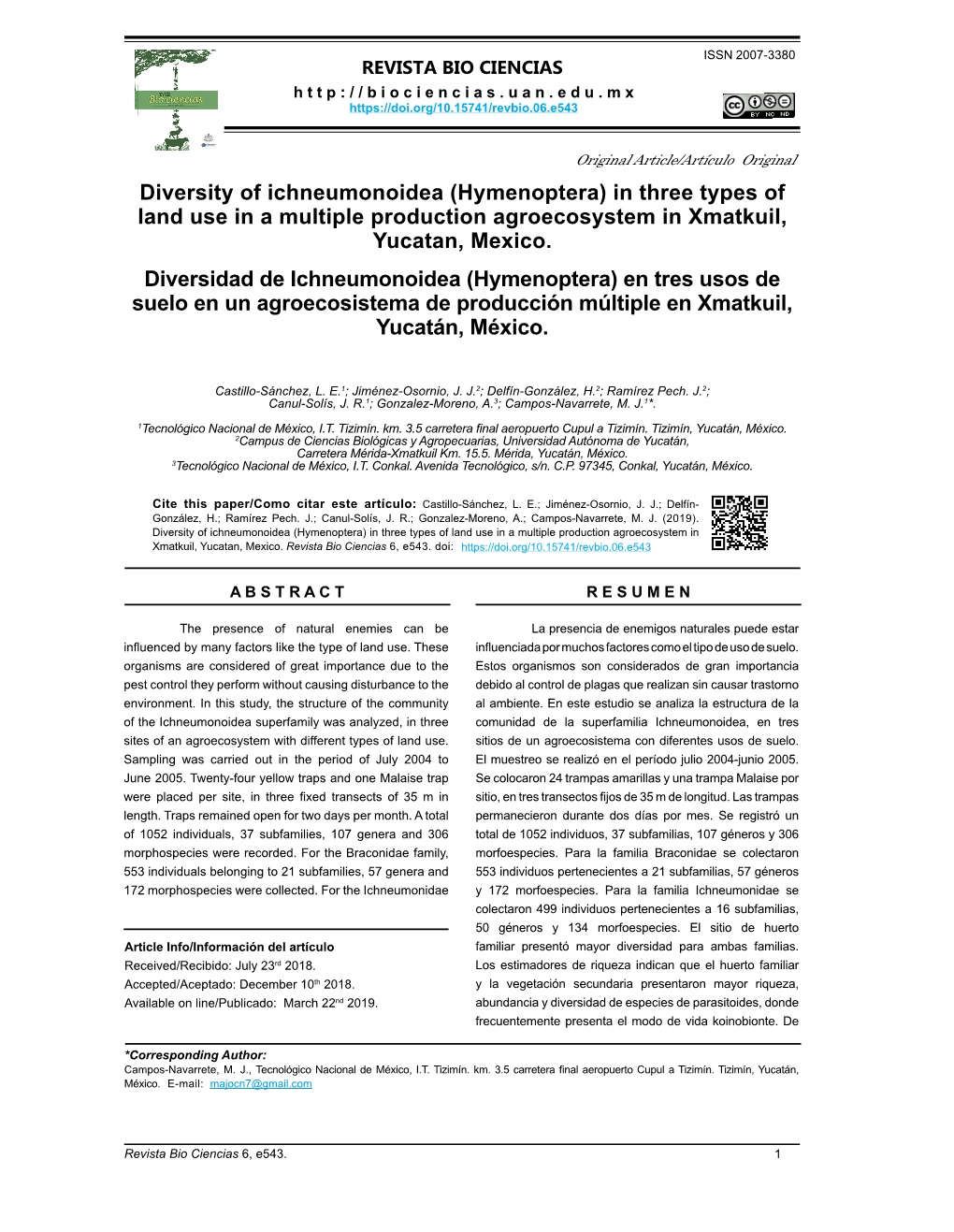 Diversity of Ichneumonoidea (Hymenoptera) in Three Types of Land Use in a Multiple Production Agroecosystem in Xmatkuil, Yucatan, Mexico