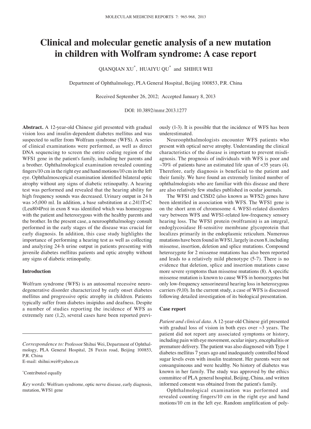 Clinical and Molecular Genetic Analysis of a New Mutation in Children with Wolfram Syndrome: a Case Report