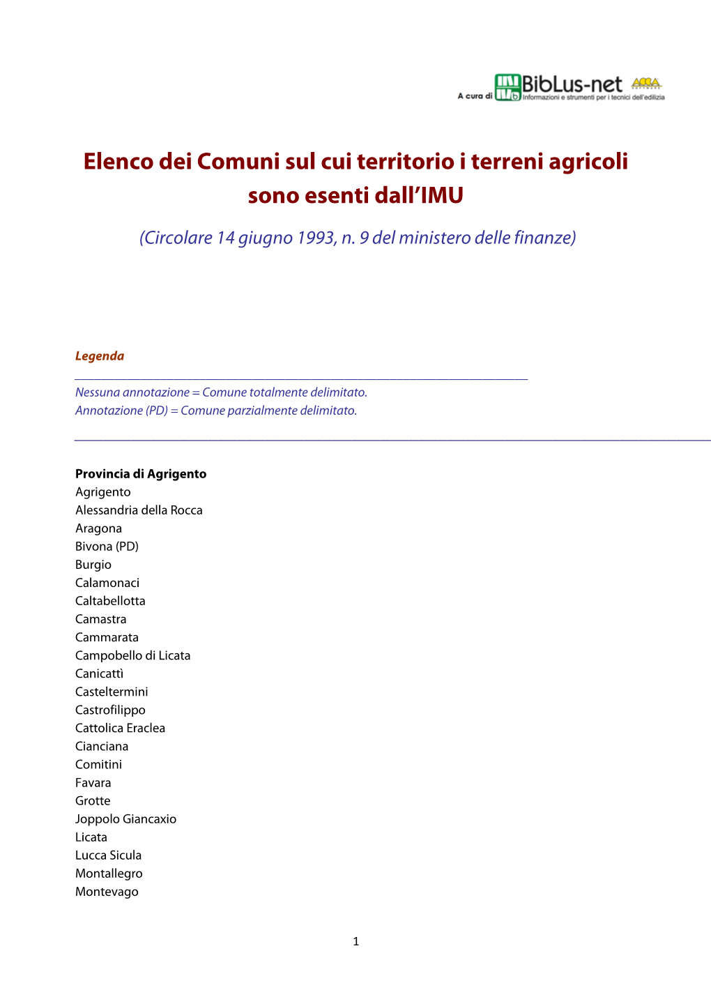 Elenco Dei Comuni Sul Cui Territorio I Terreni Agricoli Sono Esenti Dall'imu