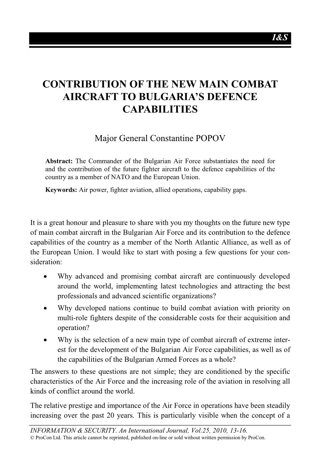 Contribution of the New Main Combat Aircraft to Bulgaria's Defence