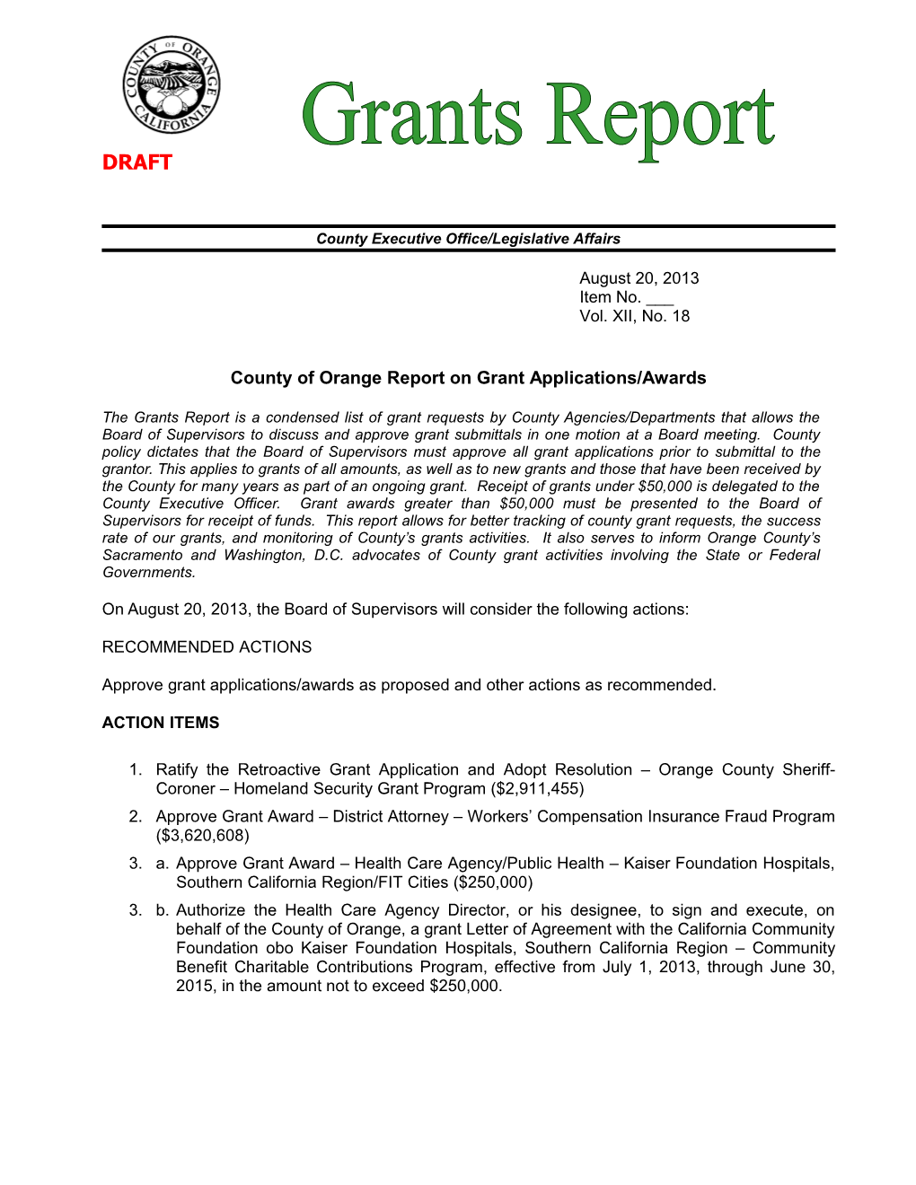 County of Orange Report on Grant Applications/Awards