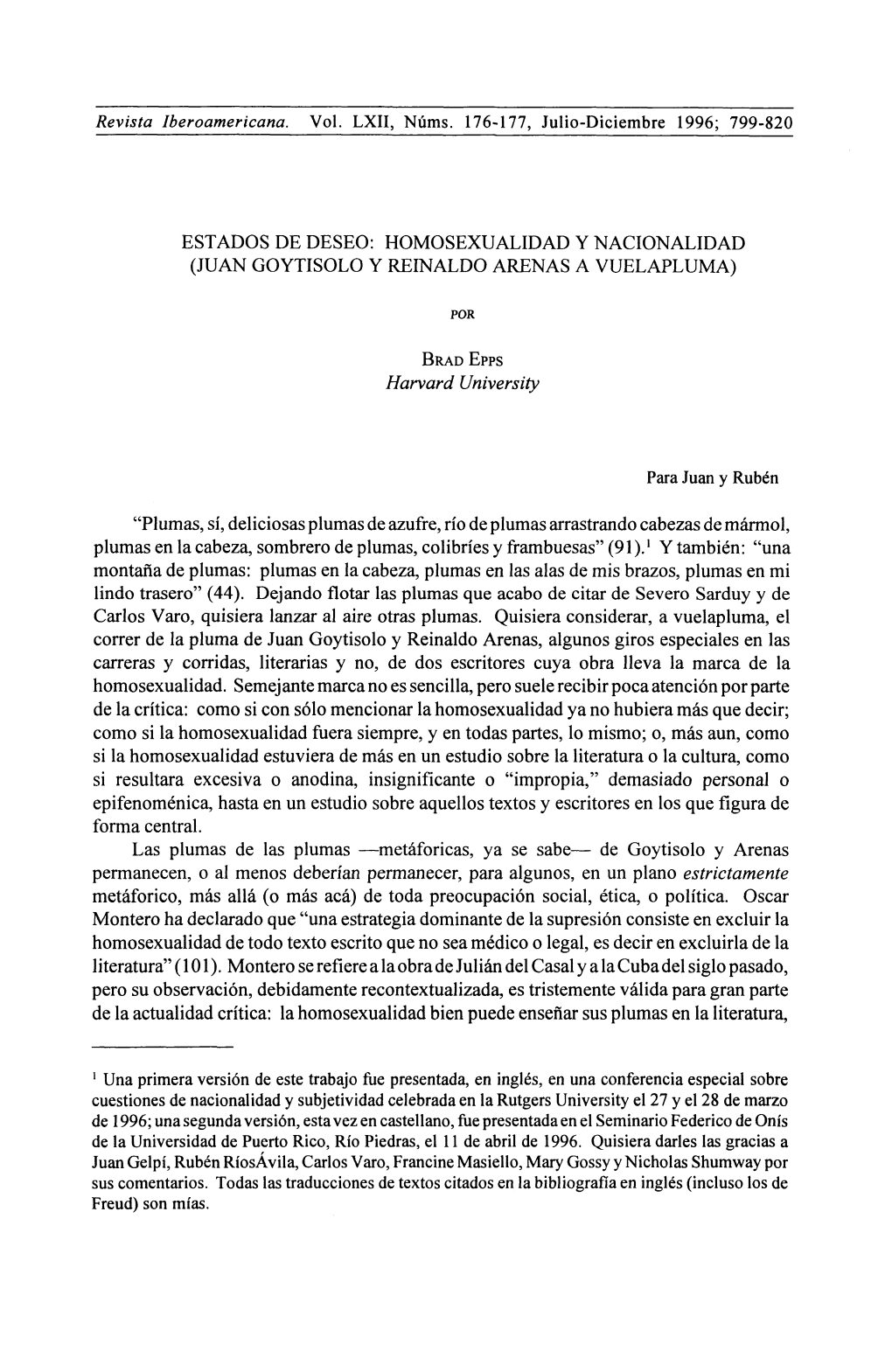 Homosexualidad Y Nacionalidad (Juan Goytisolo Y Reinaldo Arenas a Vuelapluma)