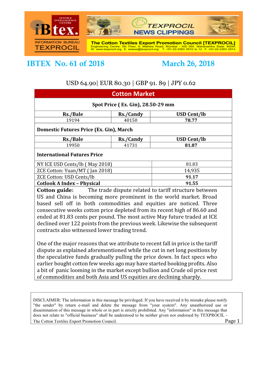 IBTEX No. 61 of 2018 March 26, 2018