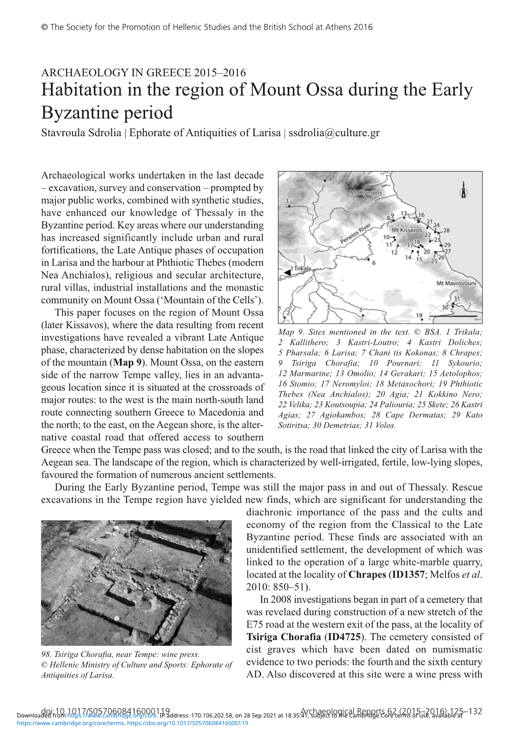 Habitation in the Region of Mount Ossa During the Early Byzantine Period Stavroula Sdrolia | Ephorate of Antiquities of Larisa | Ssdrolia@Culture.Gr