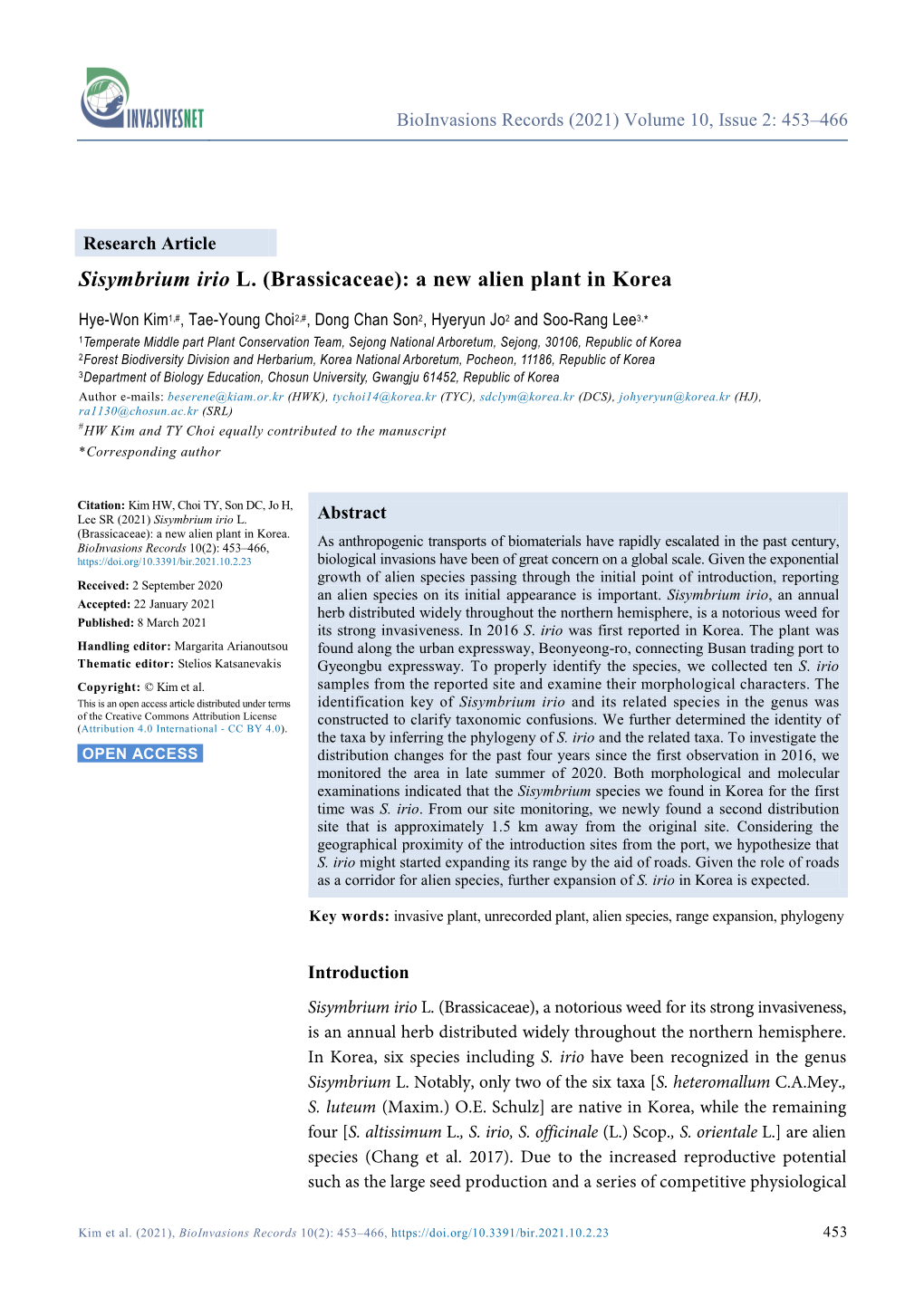 Sisymbrium Irio L. (Brassicaceae): a New Alien Plant in Korea