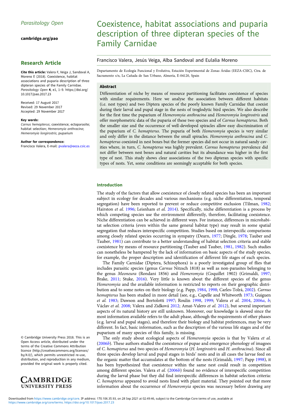 Coexistence, Habitat Associations and Puparia Description of Three Dipteran Species of the Cambridge.Org/Pao Family Carnidae