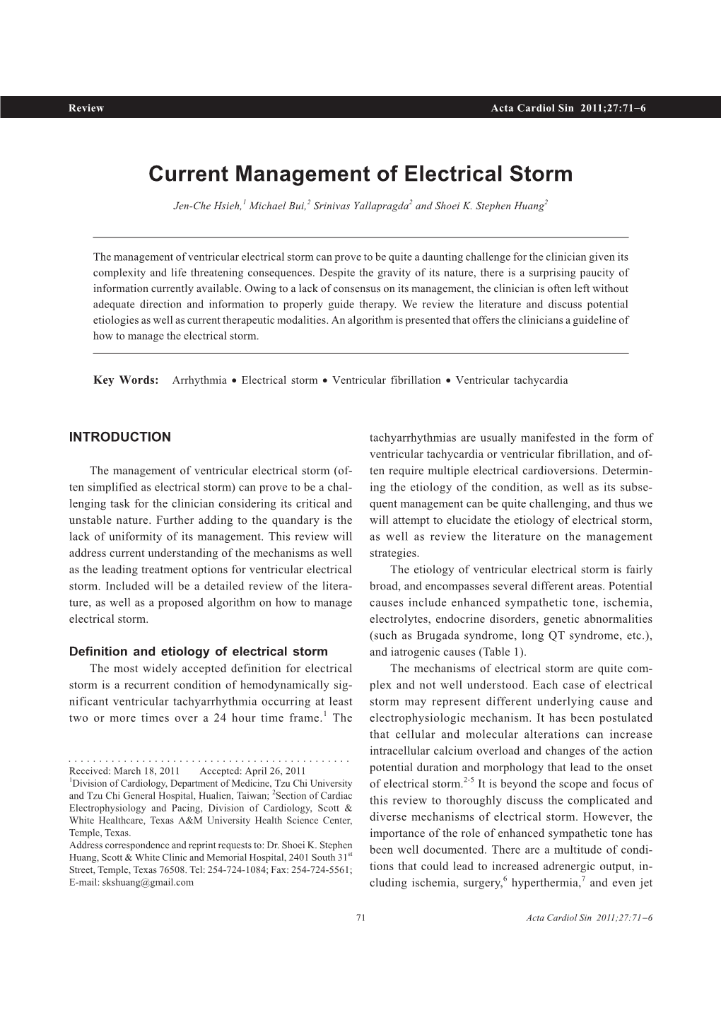 Current Management of Electrical Storm Acta Cardiol Sin 2011;27:71-6