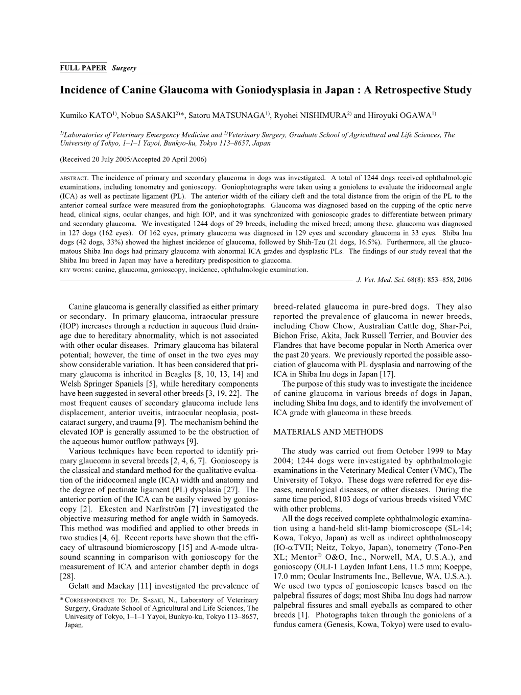 Incidence of Canine Glaucoma with Goniodysplasia in Japan : a Retrospective Study