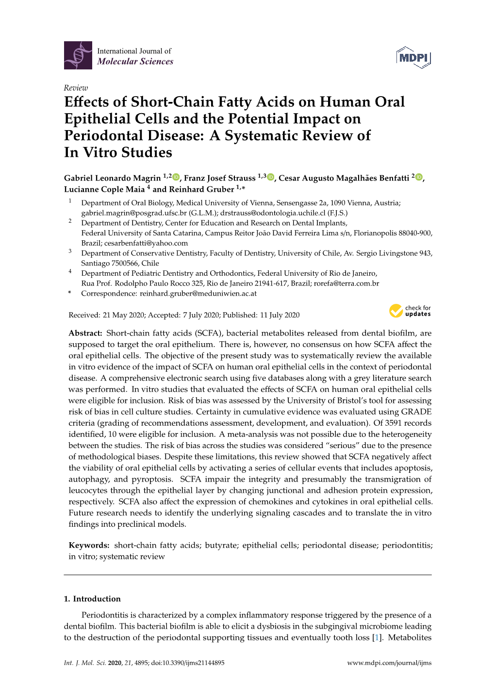 Effects of Short-Chain Fatty Acids on Human Oral Epithelial Cells