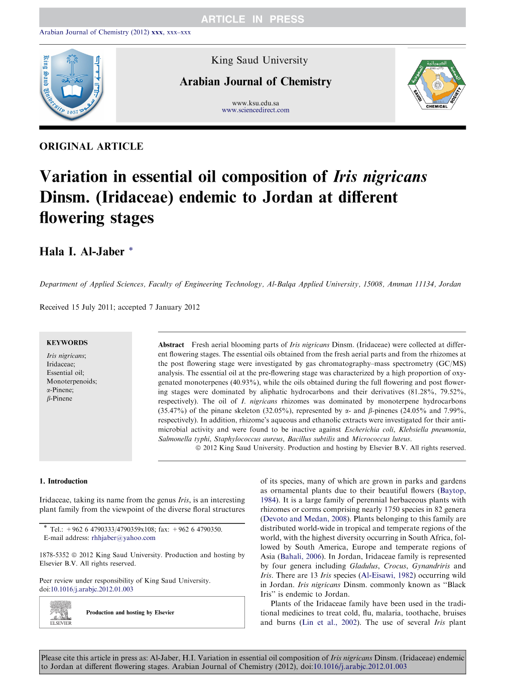 Variation in Essential Oil Composition of Iris Nigricans Dinsm. (Iridaceae) Endemic to Jordan at Diﬀerent ﬂowering Stages