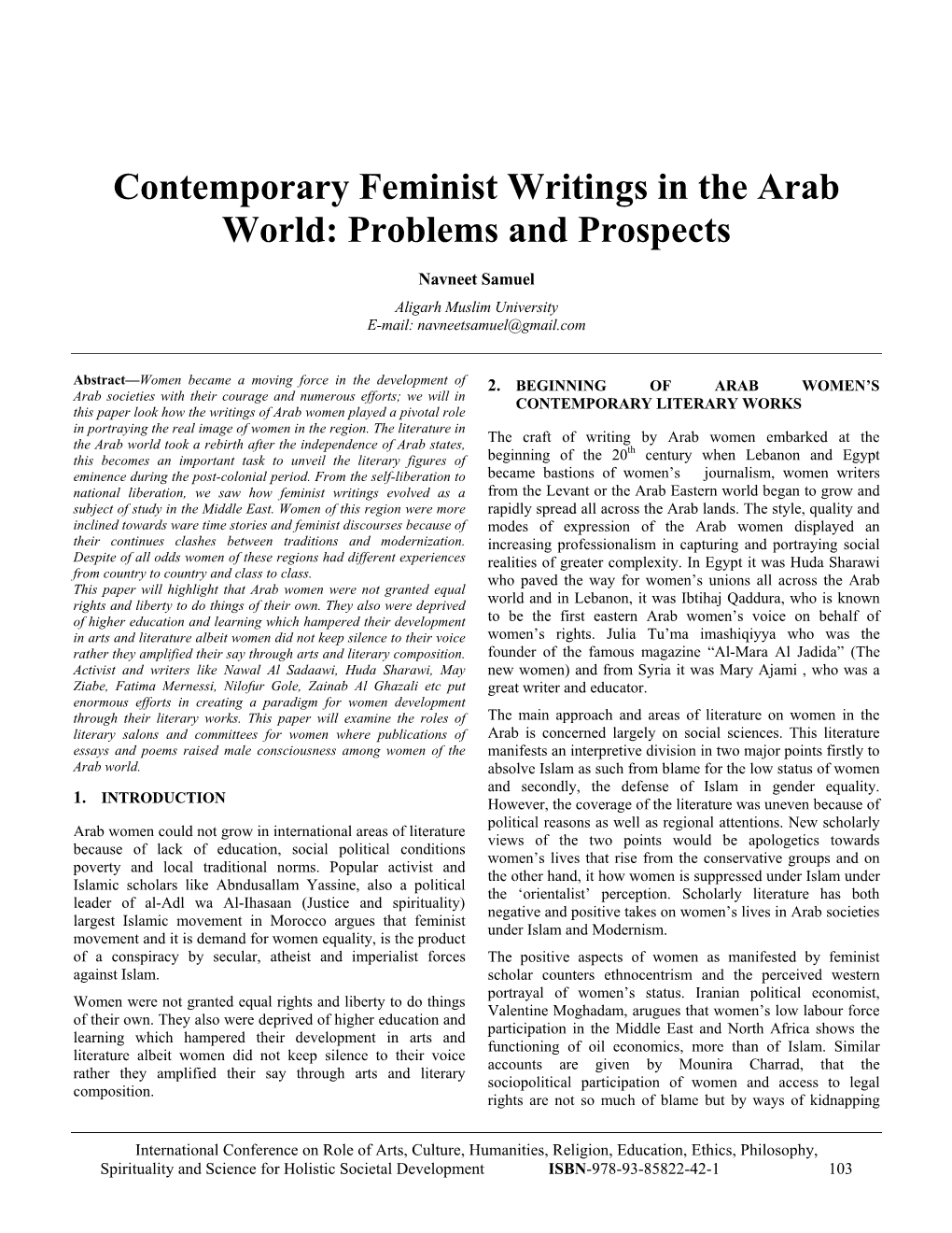Contemporary Feminist Writings in the Arab World: Problems and Prospects