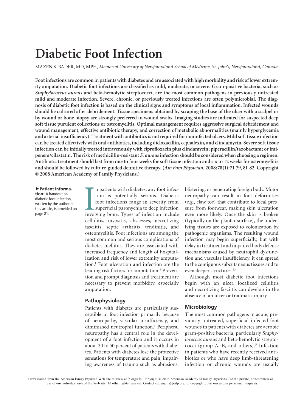 Diabetic Foot Infection MAZENS.BADER,MD,MPH,Memorial University of Newfoundland School of Medicine, St