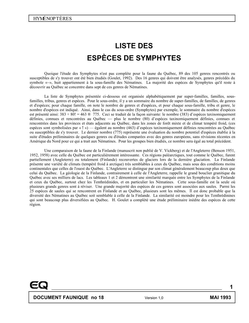 DOCUMENT FAUNIQUE No 18 Version 1,0 MAI 1993 HYMÉNOPTÈRES