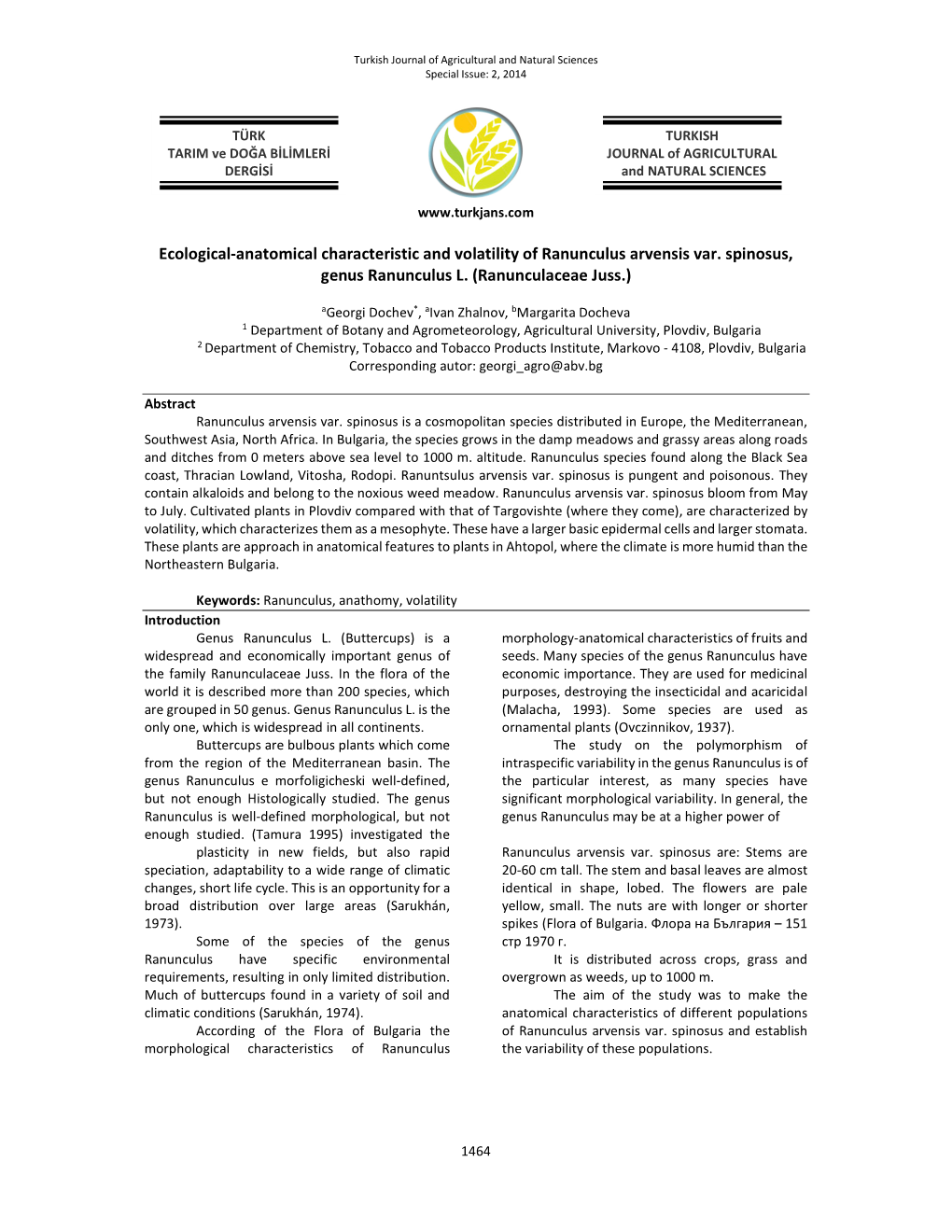 Ecological-Anatomical Characteristic and Volatility of Ranunculus Arvensis Var