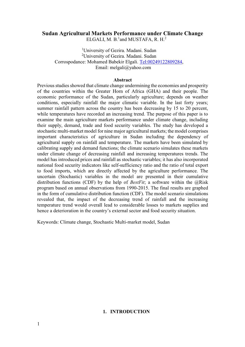 Sudan Agricultural Markets Performance Under Climate Change ELGALI, M