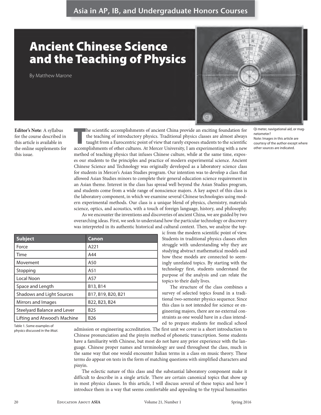 Ancient Chinese Science and the Teaching of Physics