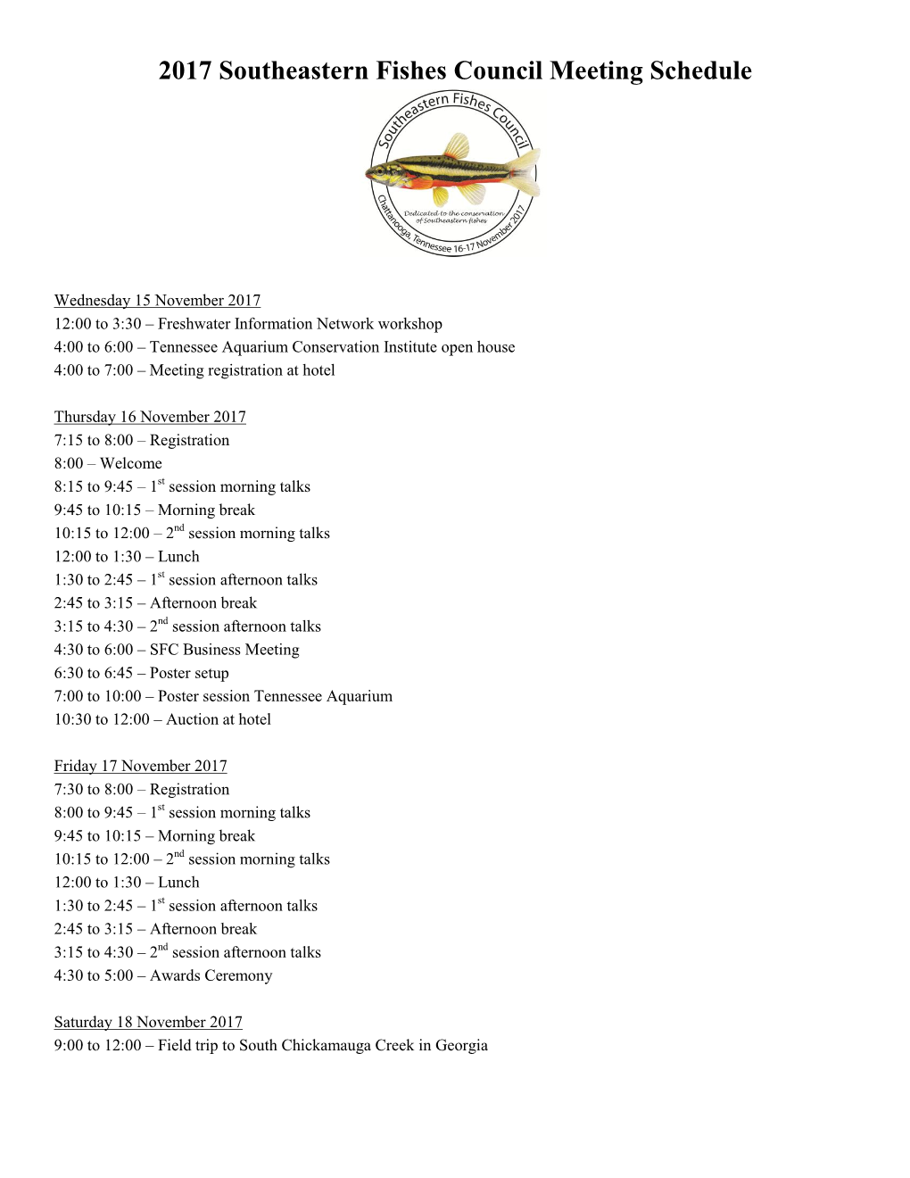 2017 Southeastern Fishes Council Meeting Schedule