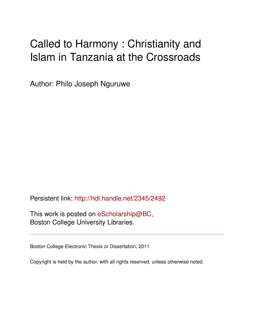 Called to Harmony : Christianity and Islam in Tanzania at the Crossroads