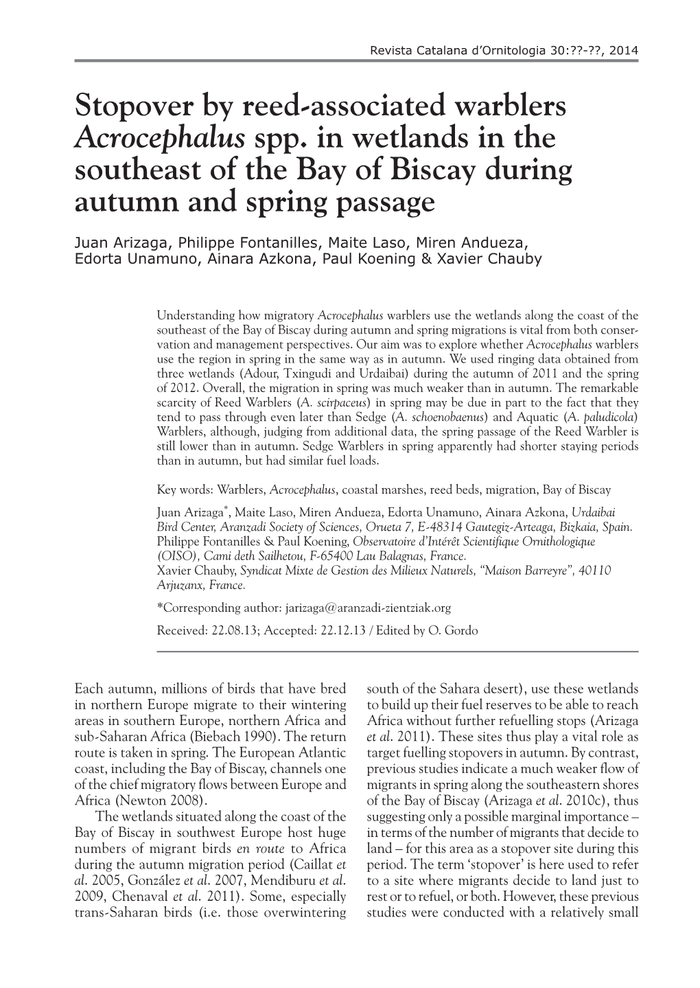 Stopover by Reed-Associated Warblers Acrocephalus Spp. in Wetlands in the Southeast of the Bay of Biscay During Autumn and Spring Passage