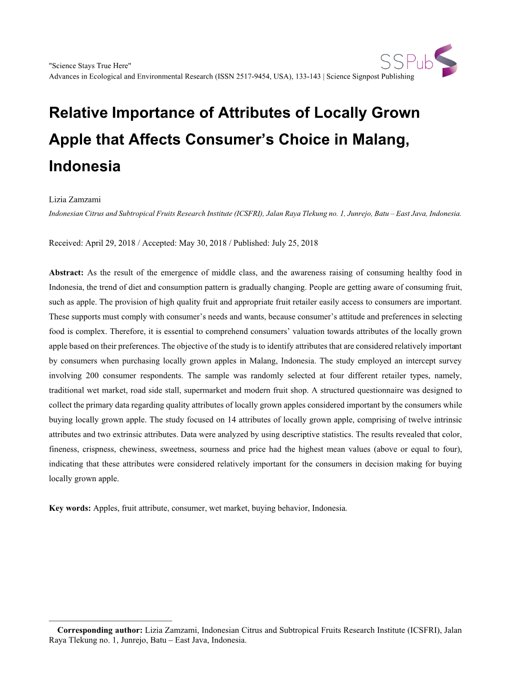 Relative Importance of Attributes of Locally Grown Apple That Affects Consumer’S Choice in Malang, Indonesia