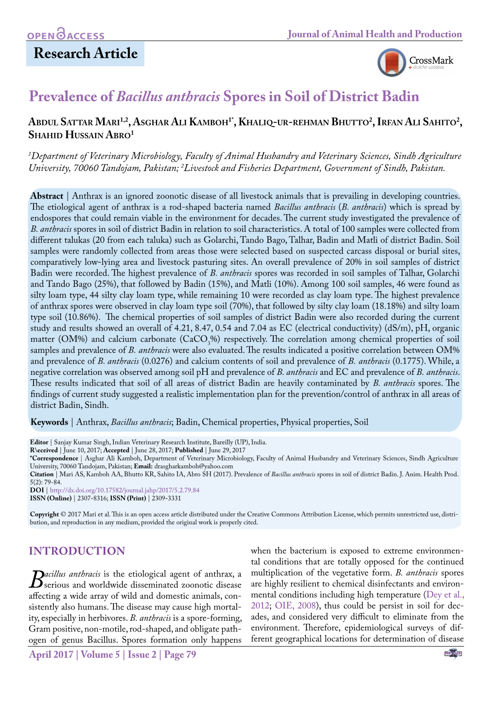 Research Article Prevalence of Bacillus Anthracis Spores in Soil Of