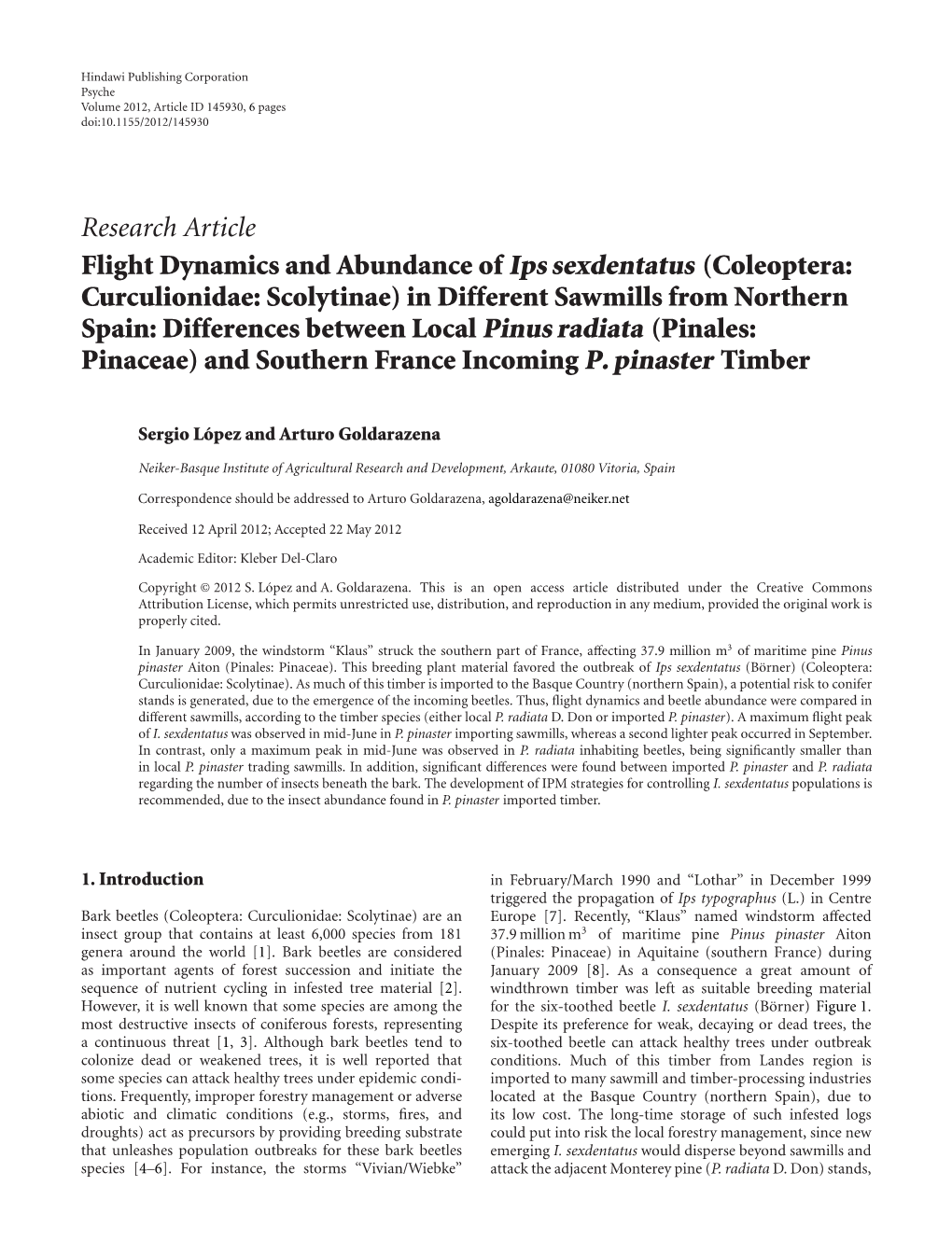 Flight Dynamics and Abundance of Ips Sexdentatus (Coleoptera