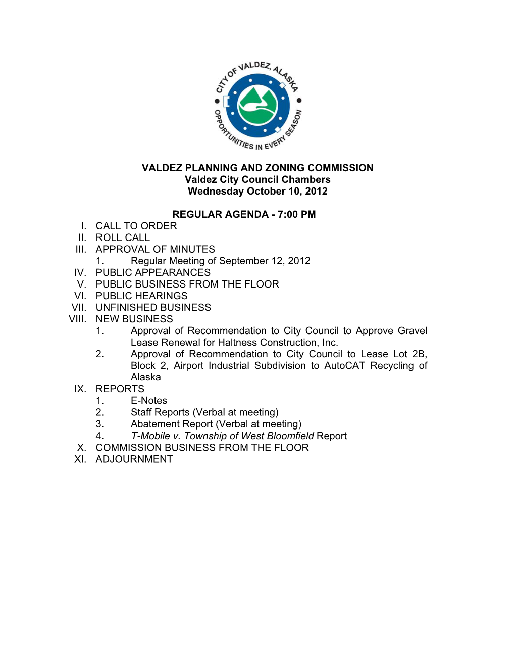 VALDEZ PLANNING and ZONING COMMISSION Valdez City Council Chambers Wednesday October 10, 2012