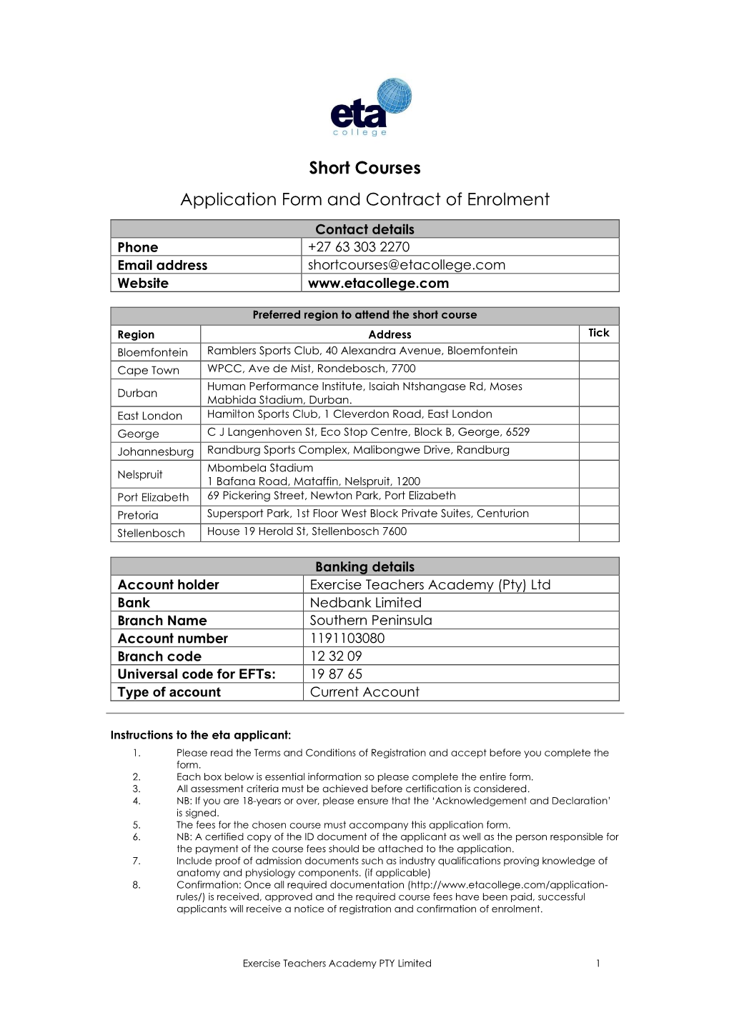 Short Courses Application Form and Contract of Enrolment