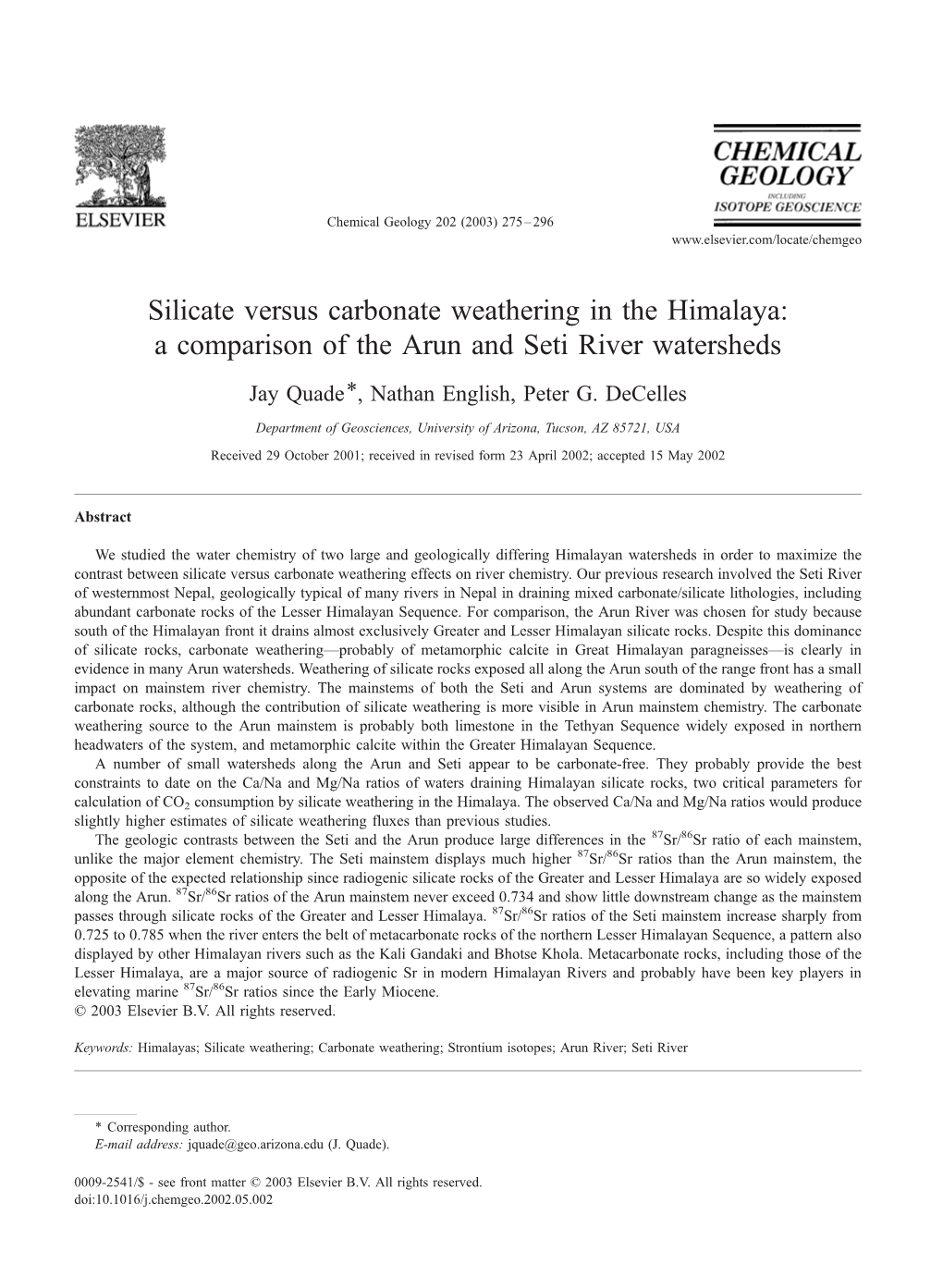 Silicate Versus Carbonate Weathering in the Himalaya: a Comparison of the Arun and Seti River Watersheds