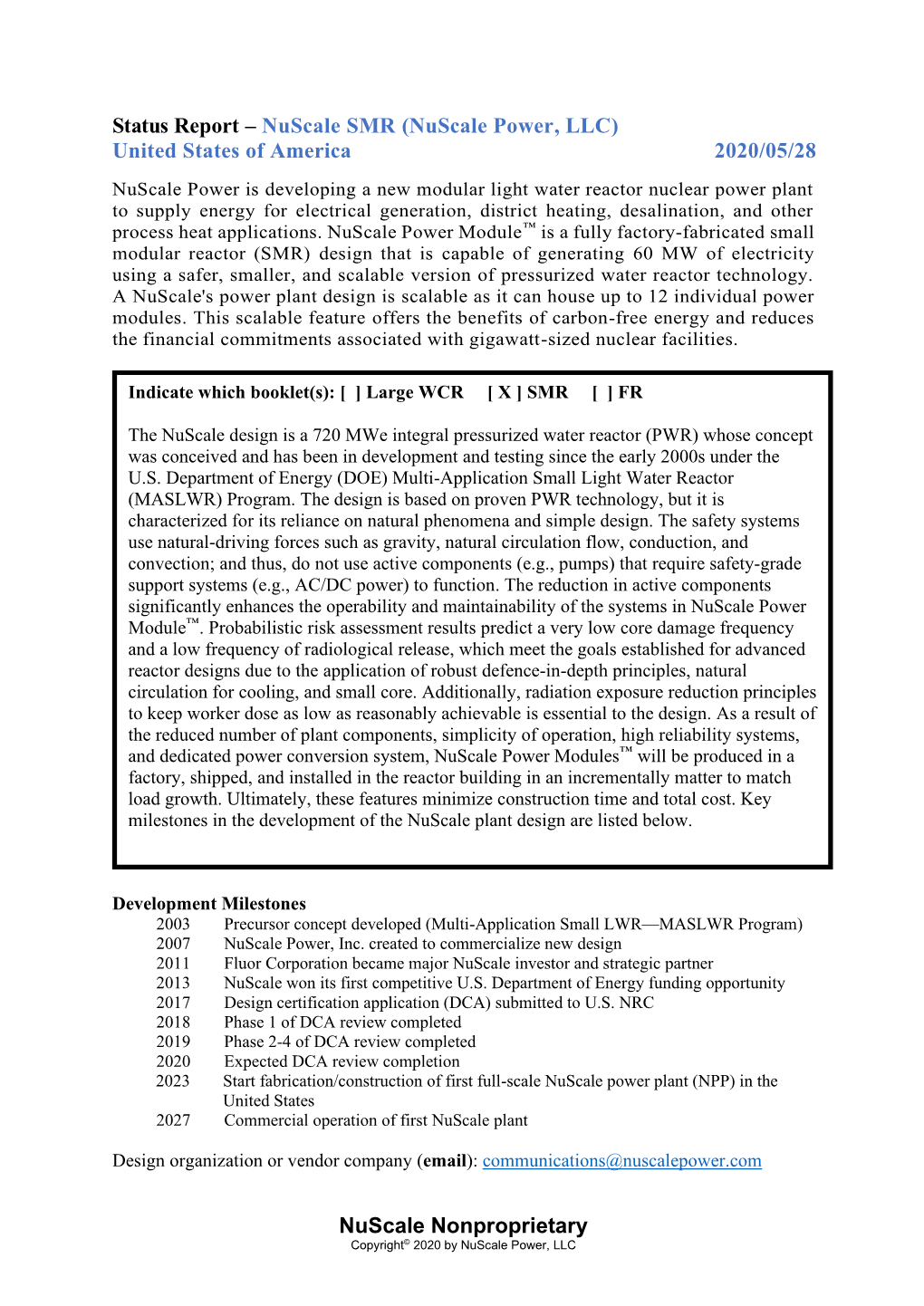 Nuscale Nonproprietary Status Report – Nuscale SMR (Nuscale Power